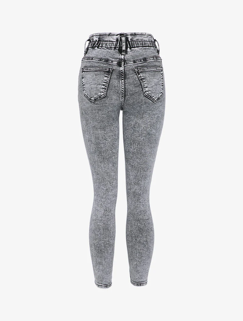 Skinny paperbag jeans met hoge taille - Donkergrijs - Image 2