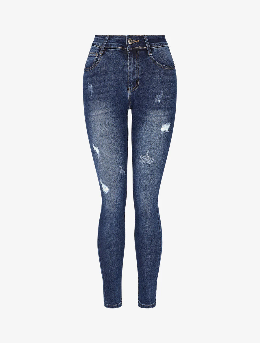 Skinny push-up jeans met gescheurde details - Denim blauw