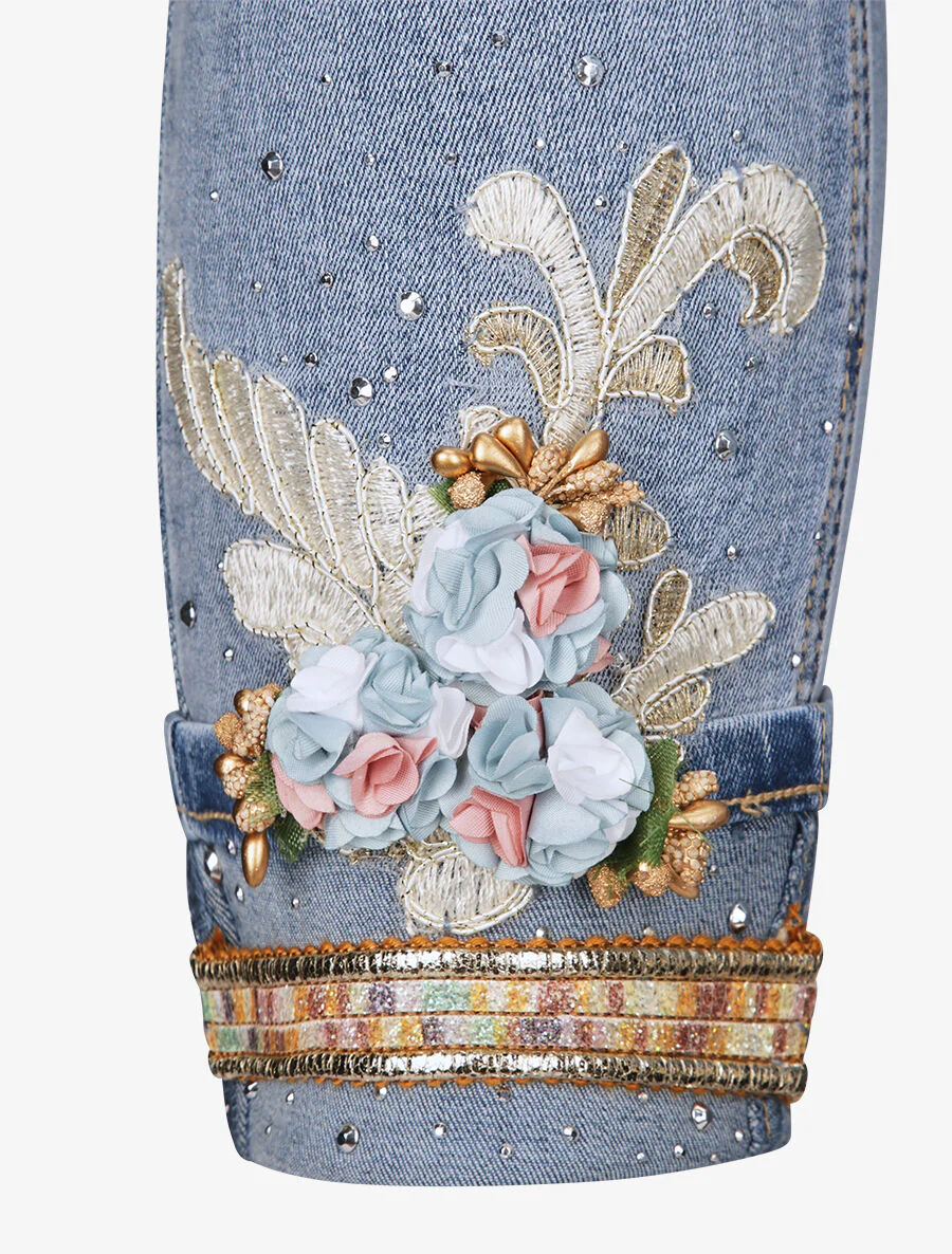 Slim-fit broek met omgeslagen zoom versierd met borduursels en pailletten - Lichtblauw - Image 3