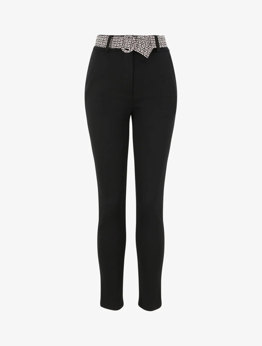 Slim fit broek met grafische geprinte riem - Zwart