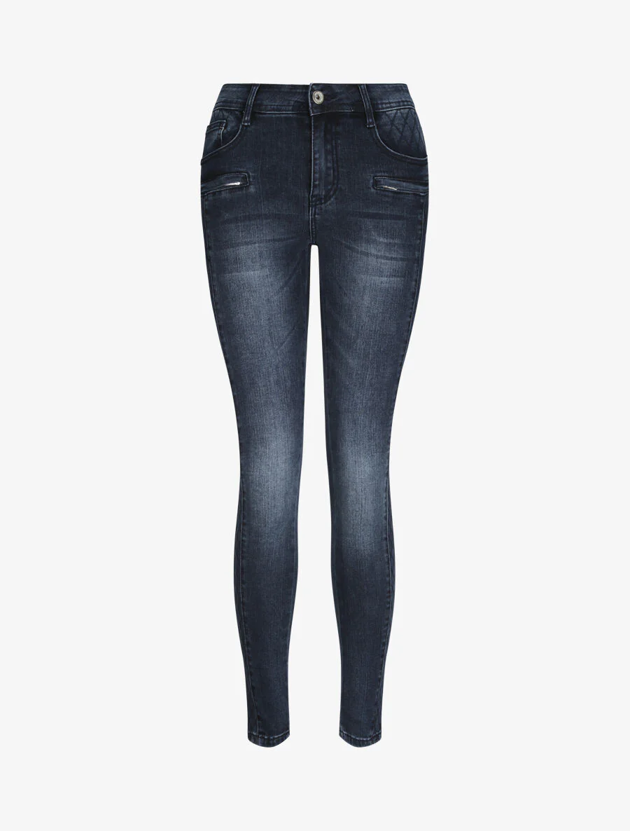 Jean slim met geborduurd ruitjespatroon - Ruw denim