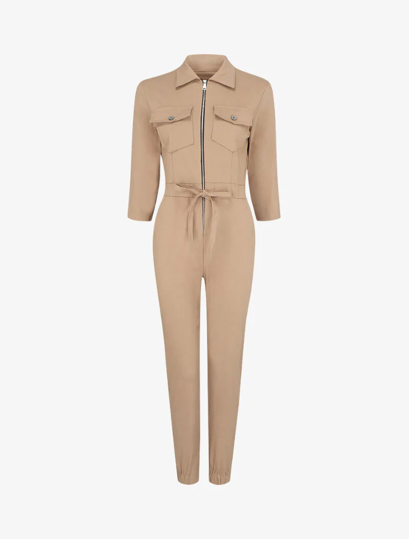 Slim fit jumpsuit met rits en klepzakken - Beige