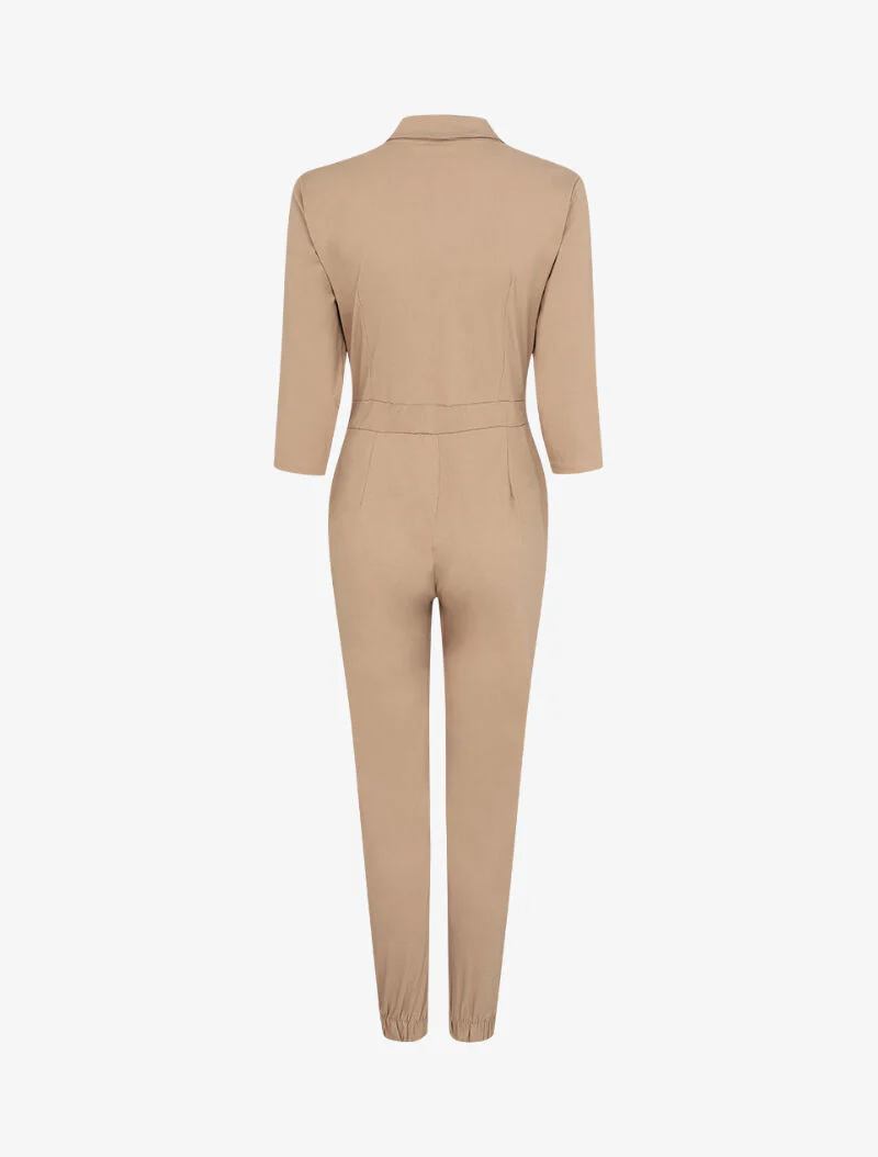 Slim fit jumpsuit met rits en klepzakken - Beige - Image 2