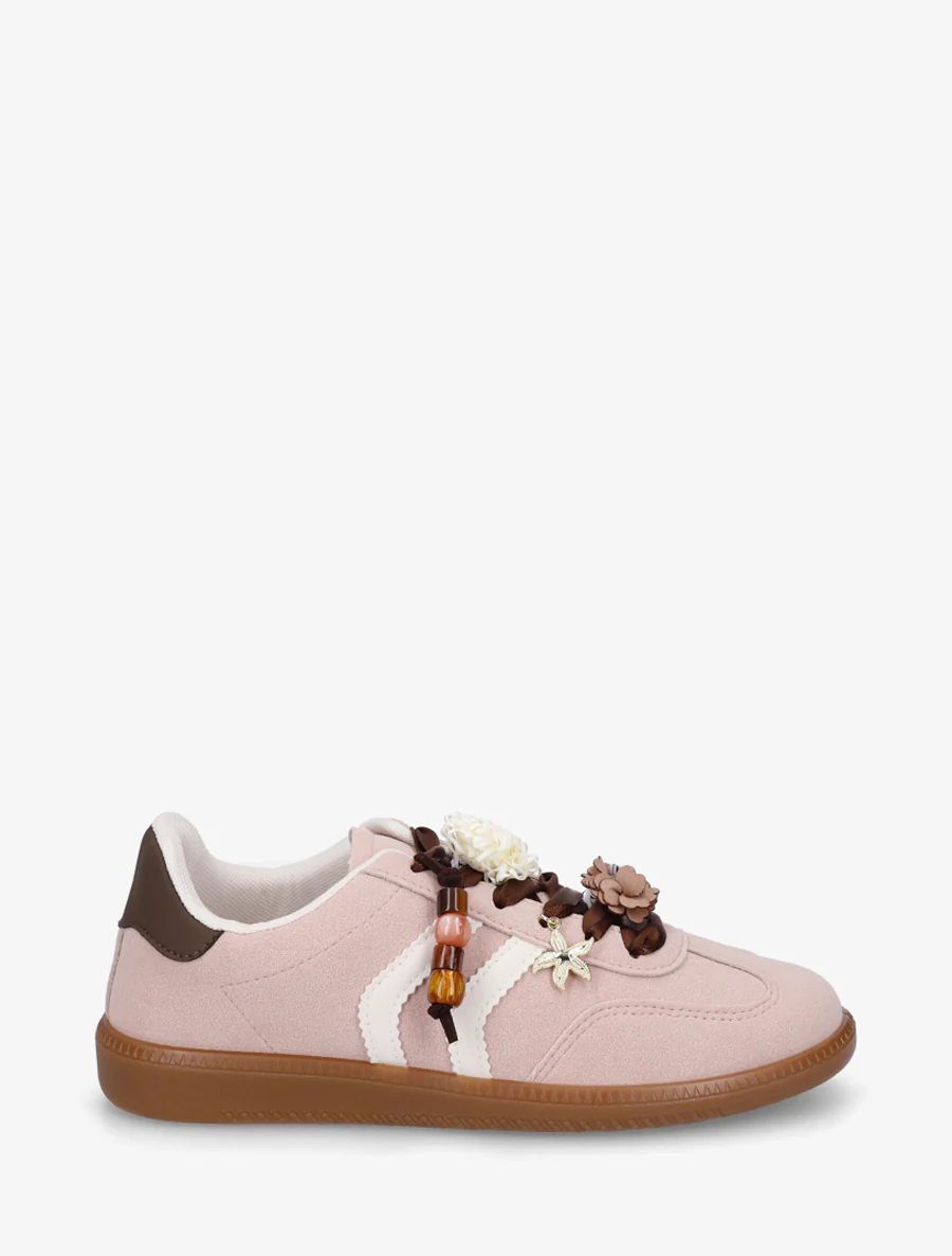 Sneakers met bloemen- en houten parelinzetstukken - Oudroze