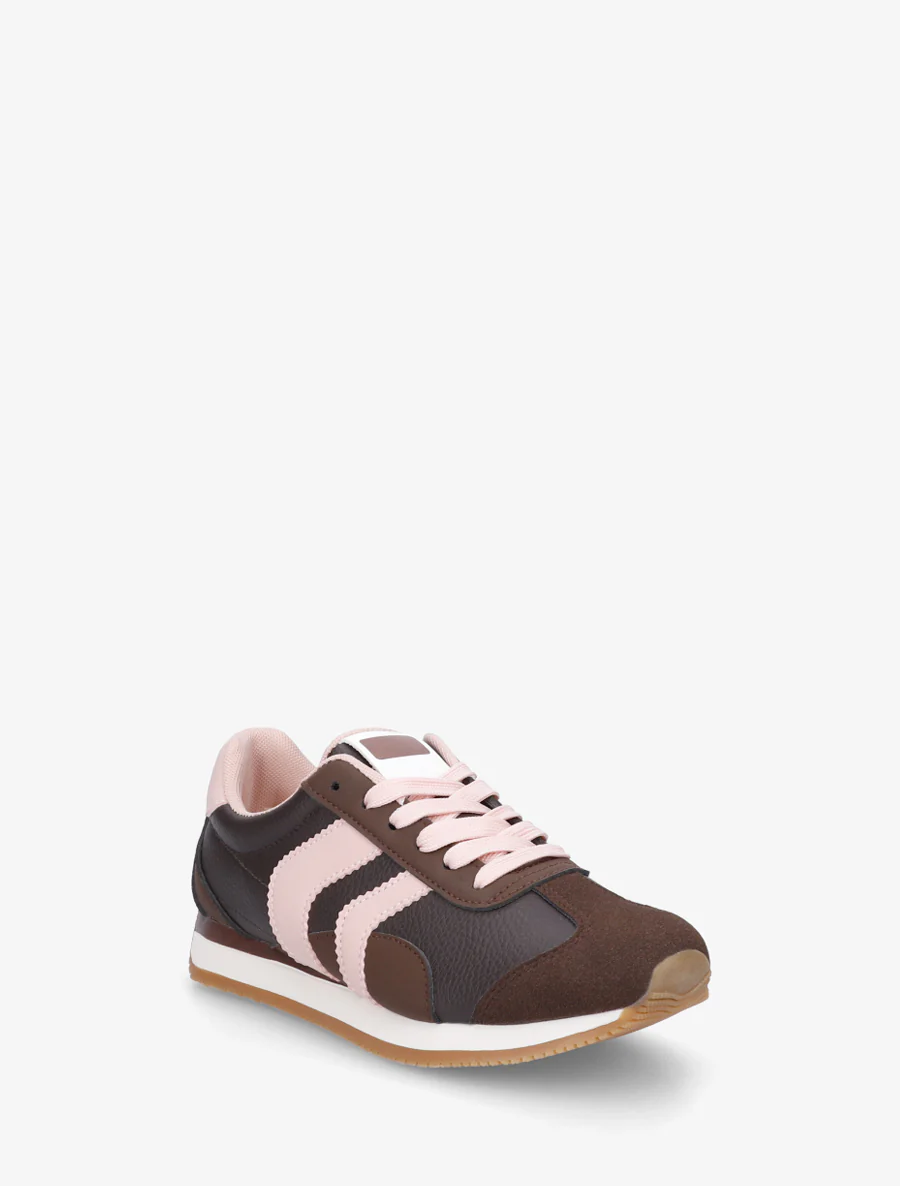 Sneakers met contrasterende hiel en dubbele veters. - Bruin - Image 2