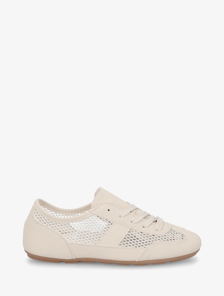 Sneakers van imitatieleer en opengewerkt textiel - Beige