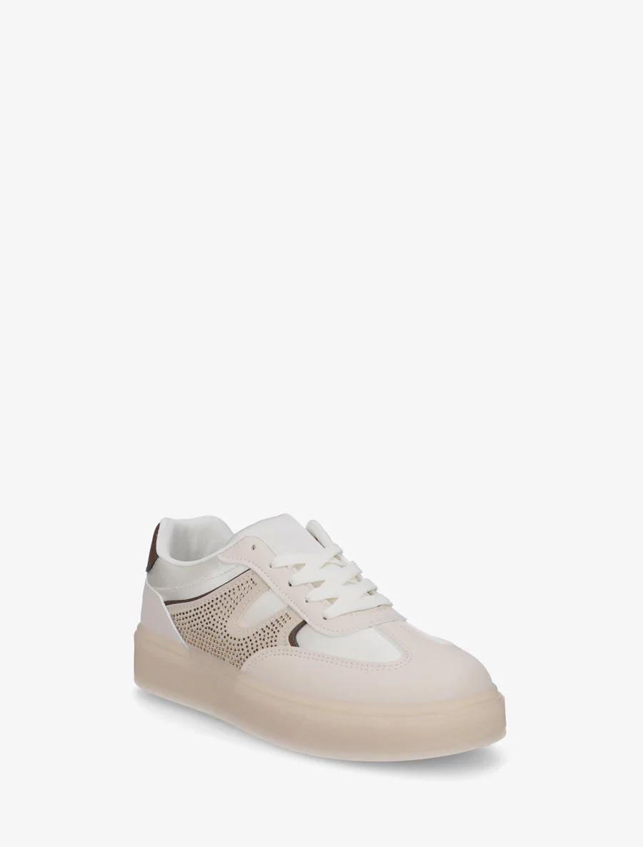 Sneakers van imitatieleer en satijnstof met strass. - Beige - Image 2