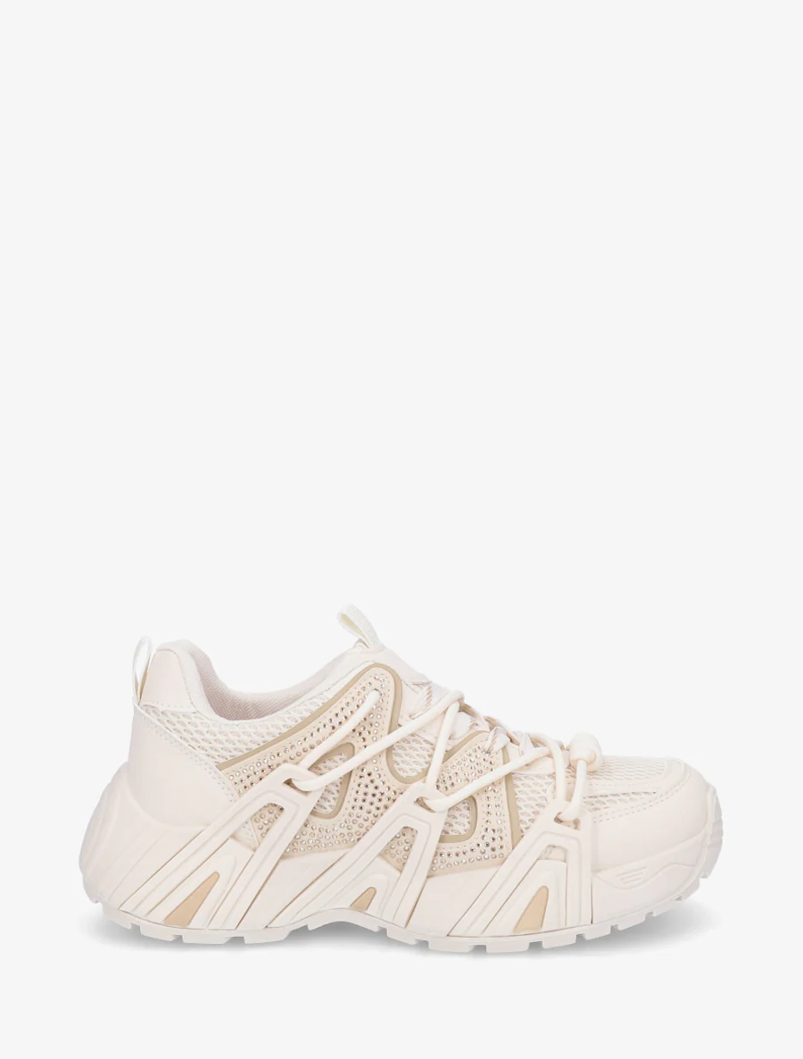Sneakers van imitatieleer met inzetstukken van canvas - Beige