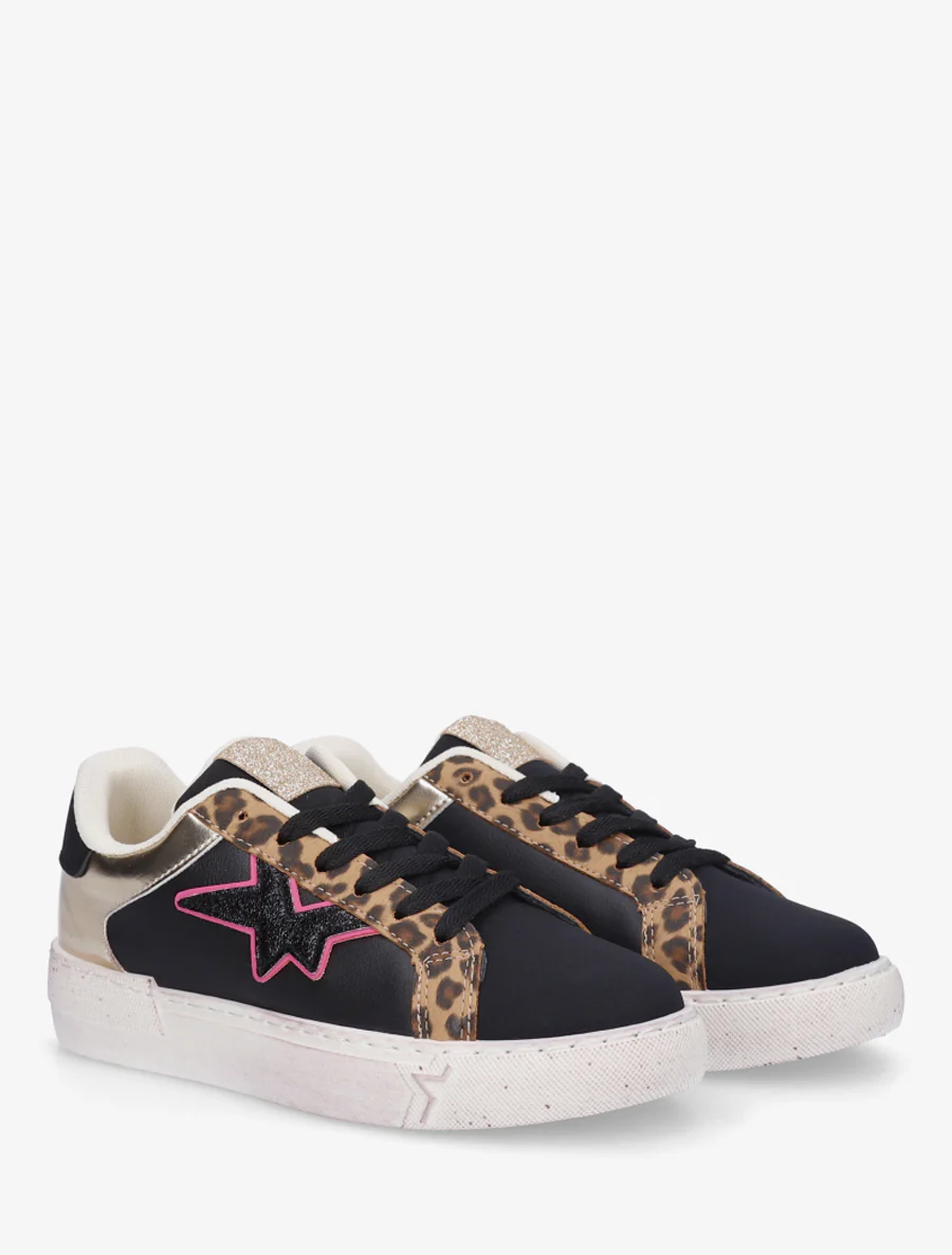 Sneakers van imitatieleer met sterpatroon - Zwart - Image 4
