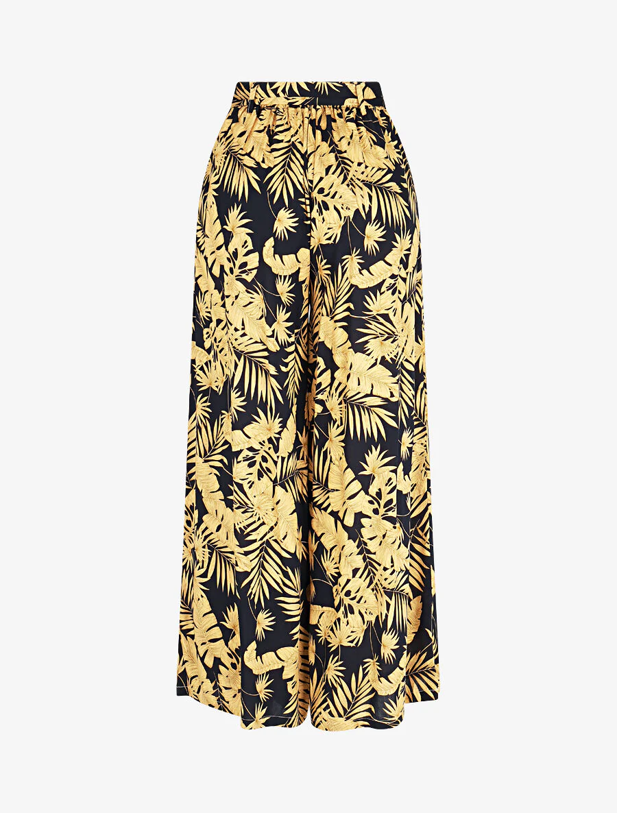 Soepele elastische broek met bladerenprint - Marineblauw - Image 2