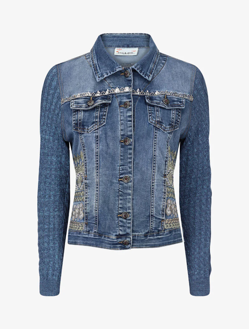 Spijkerjas met geborduurde details en contrasterende mouwen - blauw denim - Image 2