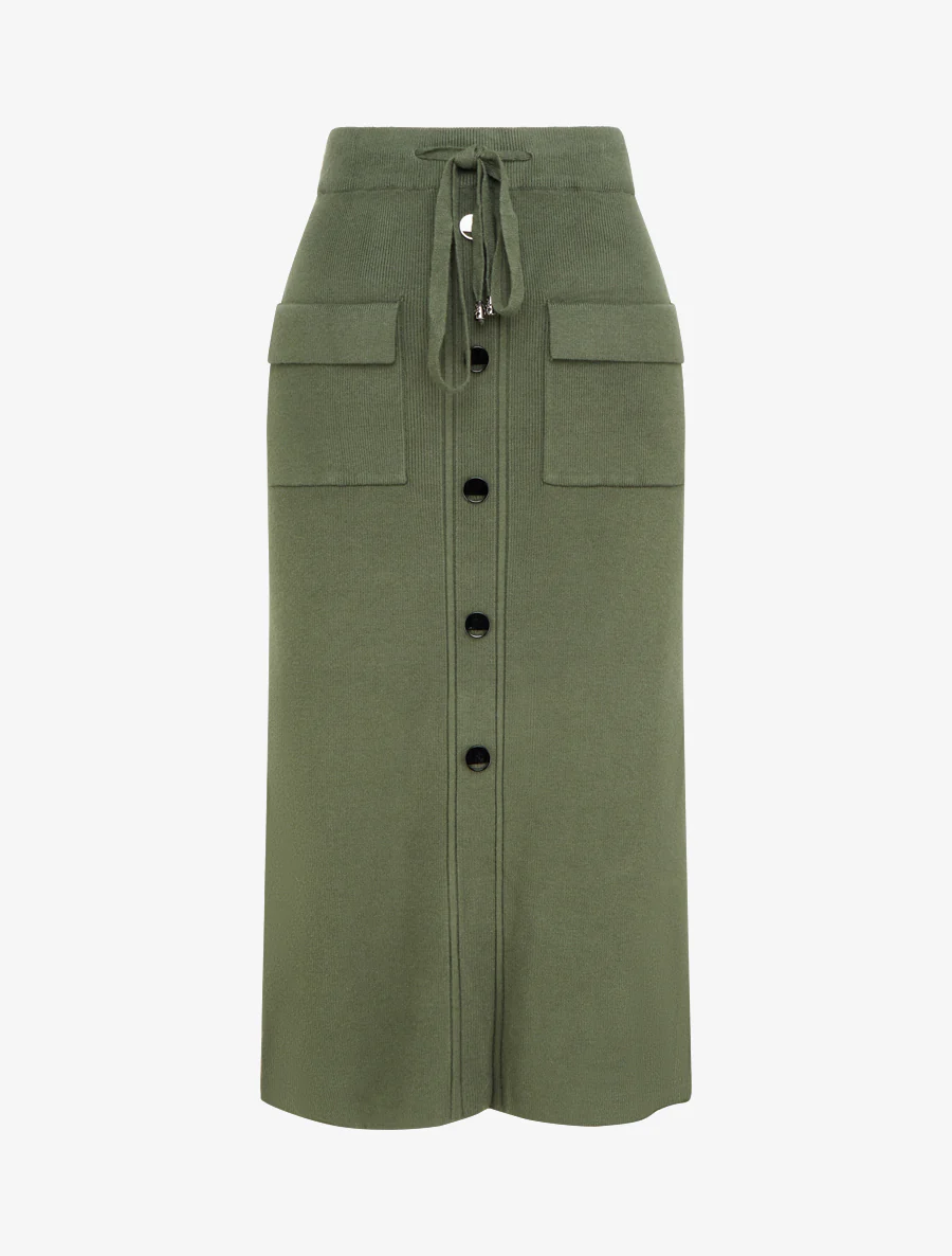 Split gebreide rok met decoratieve knopen - Kaki