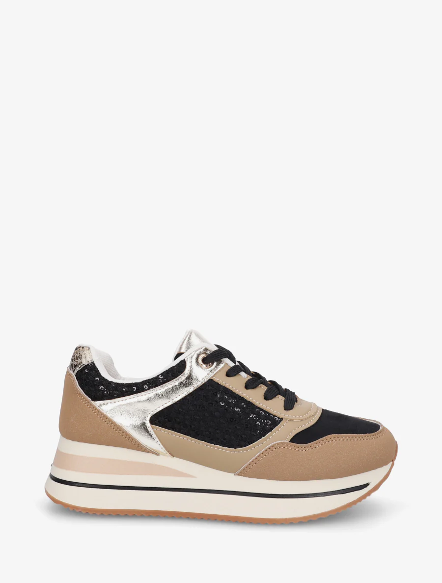 Sportschoenen met mesh inzetstukken en pailletten - Beige/zwart