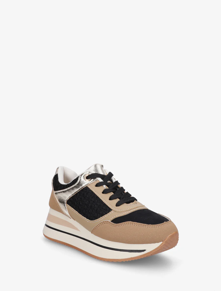 Sportschoenen met mesh inzetstukken en pailletten - Beige/zwart - Image 2