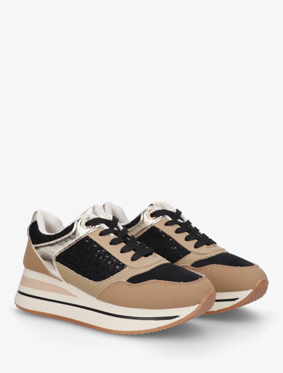 Sportschoenen met mesh inzetstukken en pailletten - Beige/zwart - Image 4