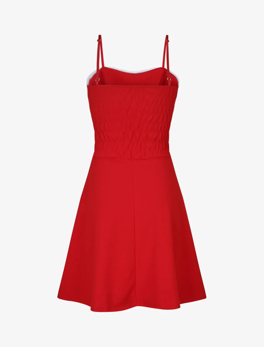 Streepjesjurk met gepleisterd bovenlijf en taille - Rood - Image 2
