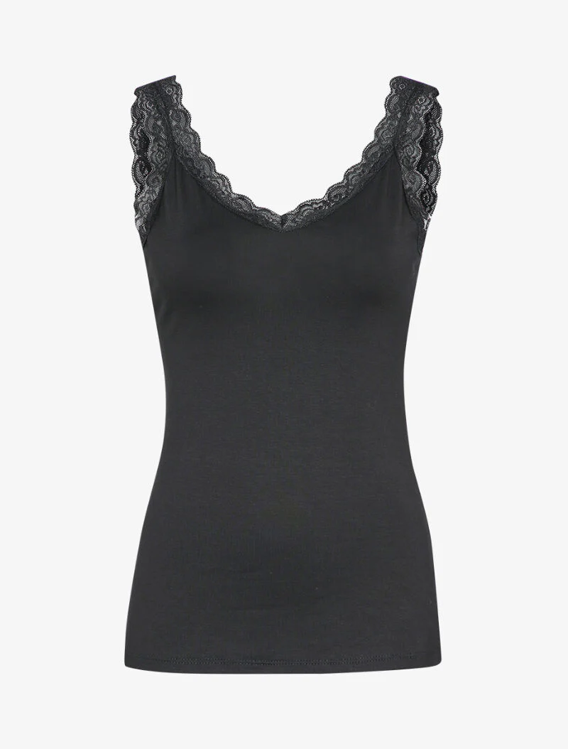Stretch tanktop met kanten inzetstuk - Zwart
