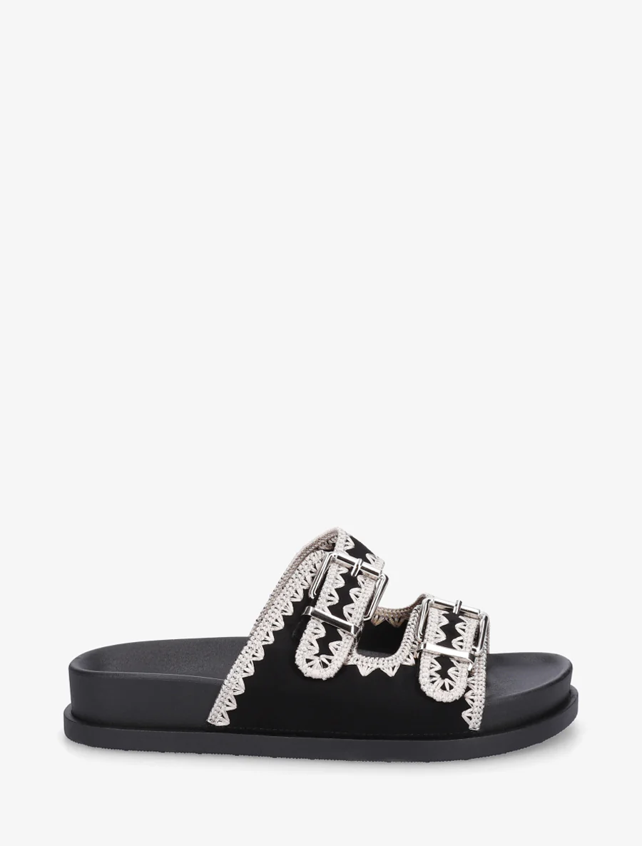 Suède dubbelgesp sandalen met borduursels - Zwart