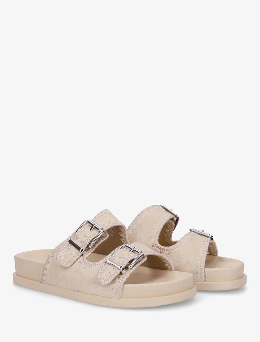 Suède dubbelgesp sandalen met borduursels - Beige - Image 4
