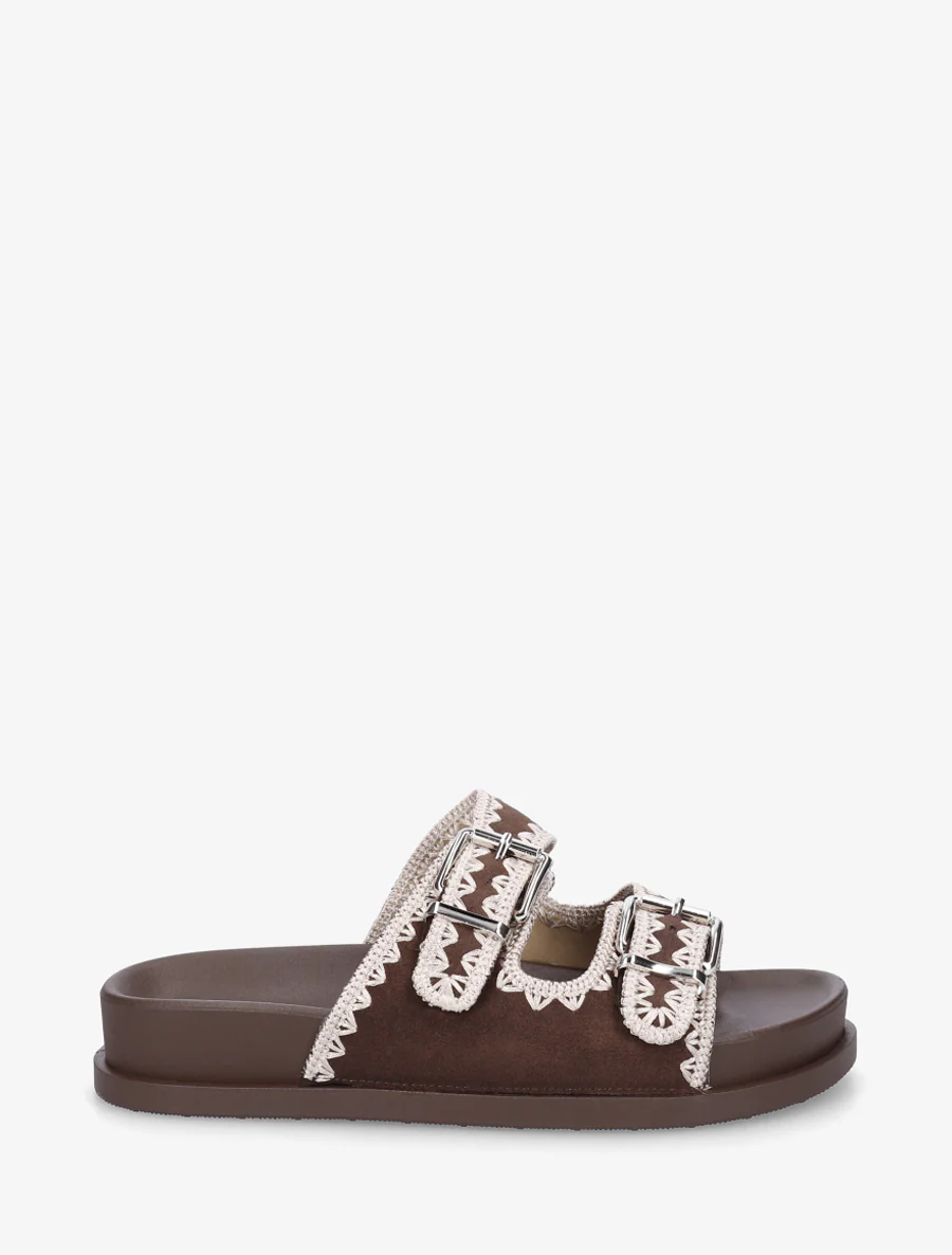 Suède dubbelgesp sandalen met borduursels - Bruin