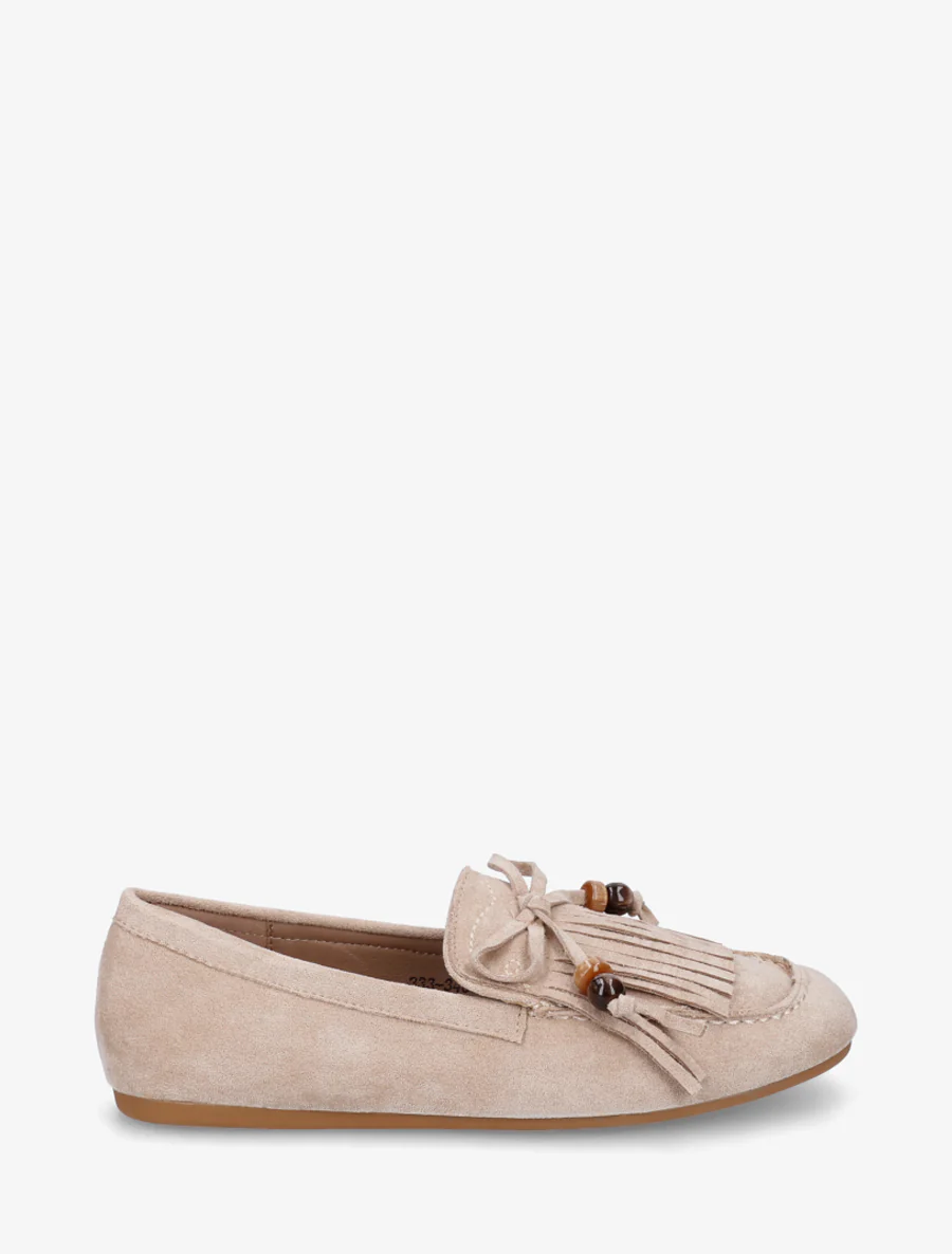 Suède mocassins met franjes en parels - Beige