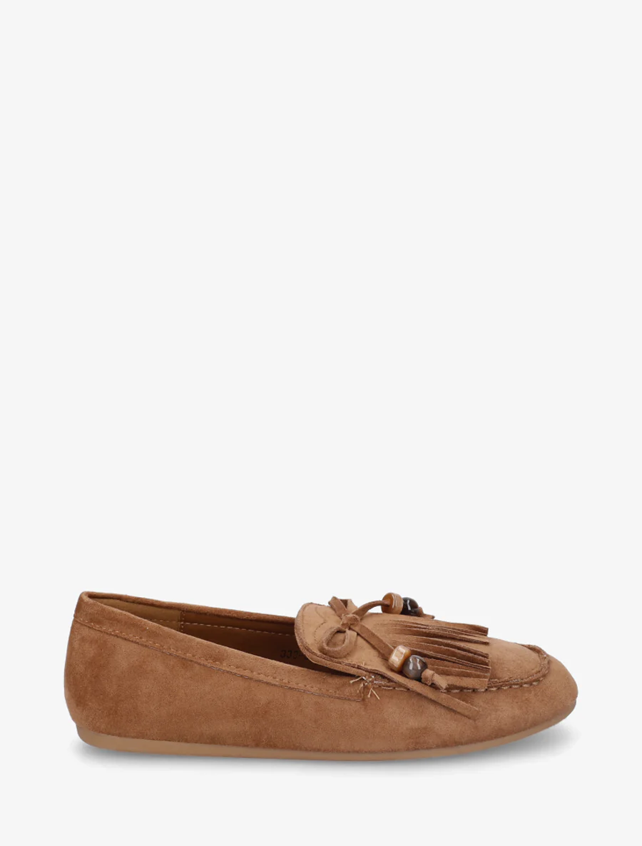 Suède mocassins met franjes en parels - Kameel