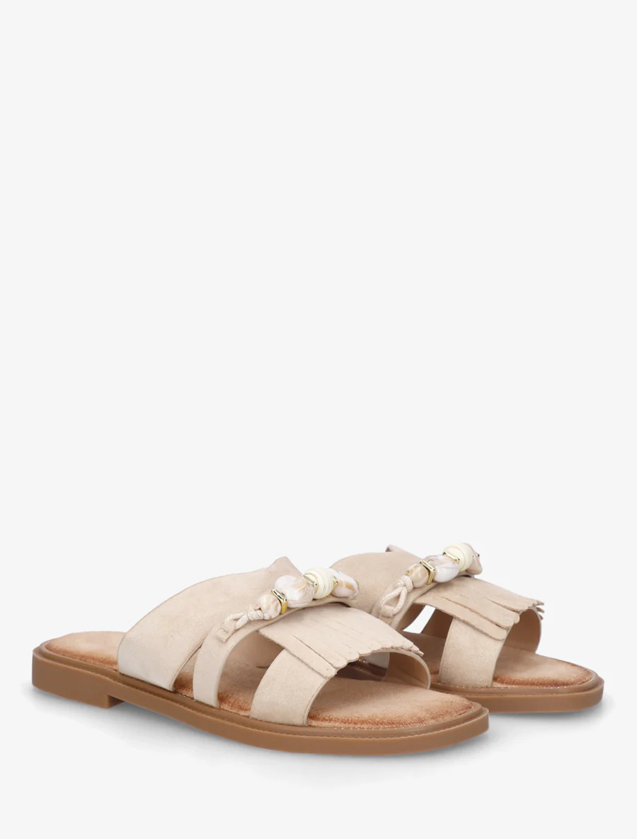 Suède muiltjes met franjes en parels - Beige - Image 4
