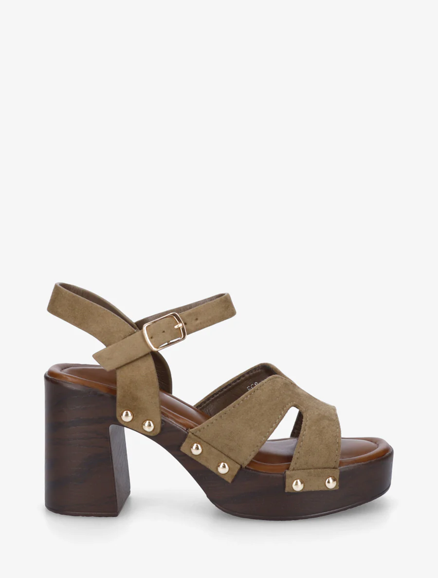 Suède sandalen met blokhak - Kaki