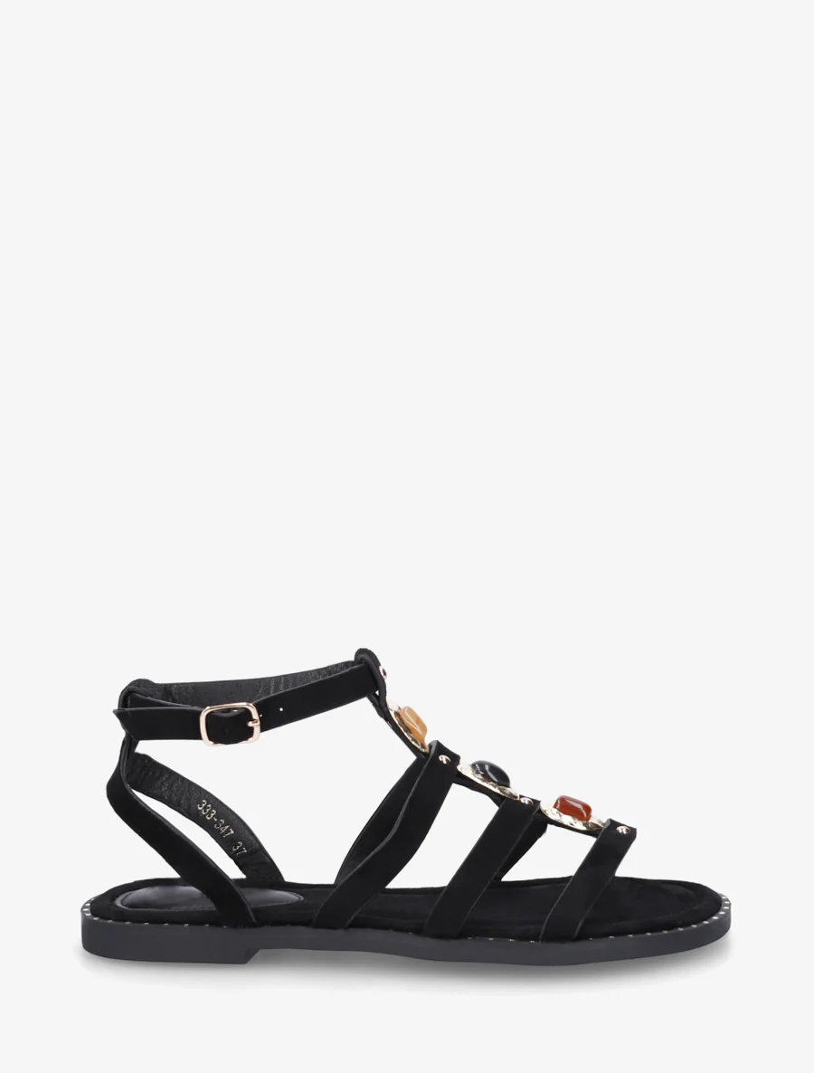 Suède sandalen met drie stenen inzetstuk - Zwart