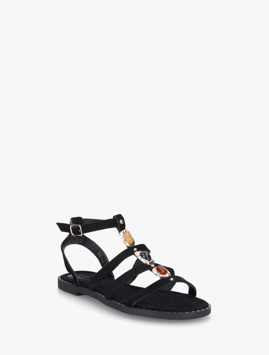 Suède sandalen met drie stenen inzetstuk - Zwart - Image 2