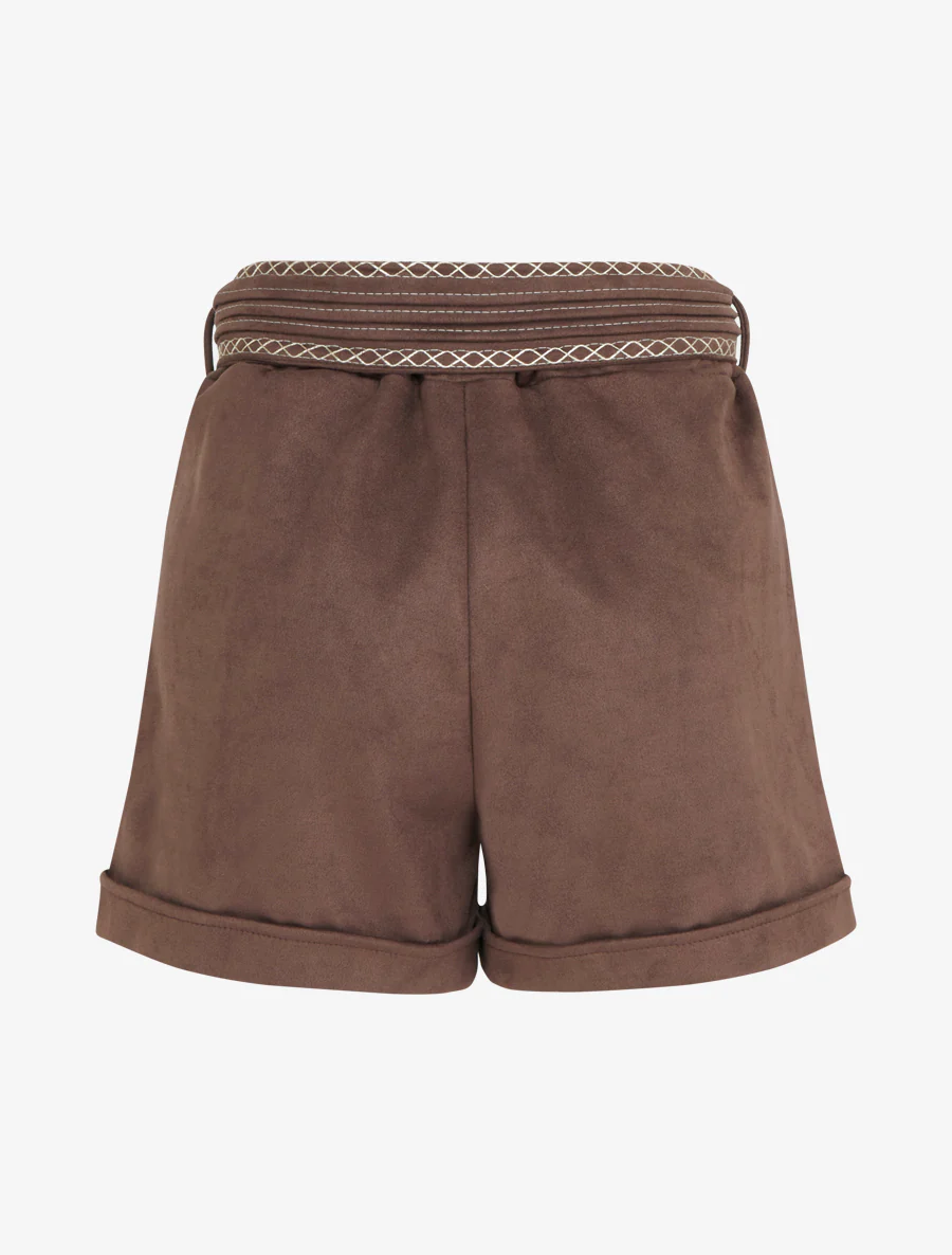 Suède short met geborduurde riem - Bruin - Image 2