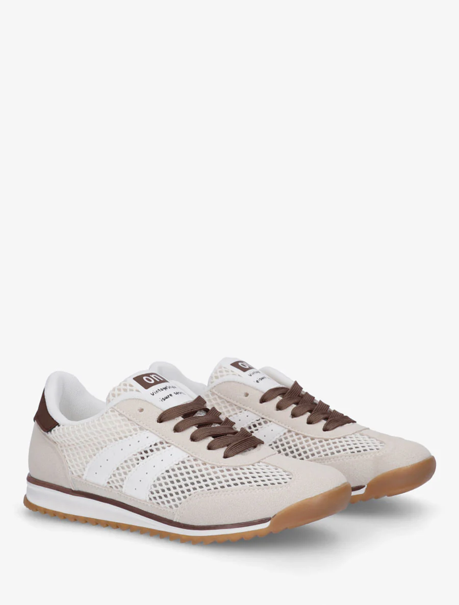 Suède sneakers en opengewerkt textiel - Beige - Image 4