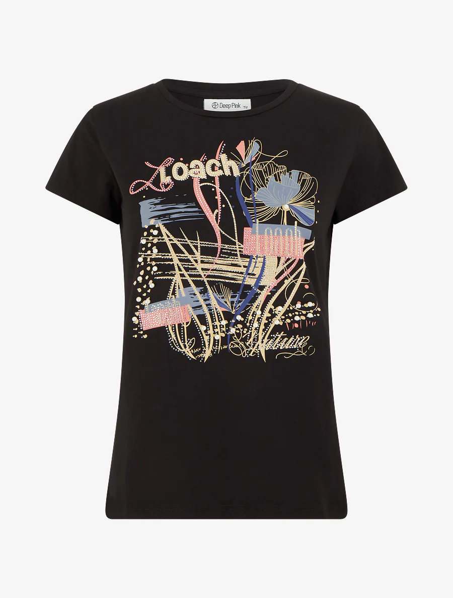 T-shirt bedrukt met strass en parels - Zwart
