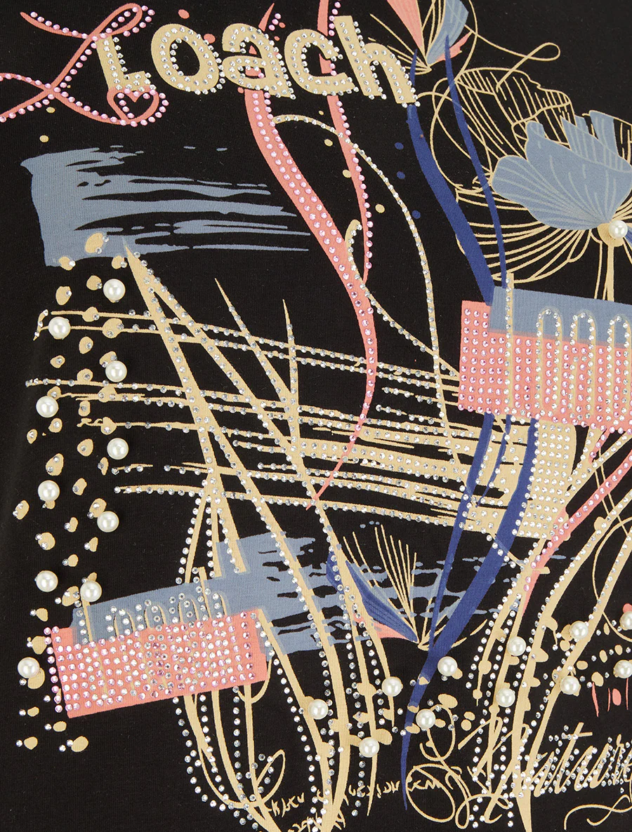T-shirt bedrukt met strass en parels - Zwart - Image 3