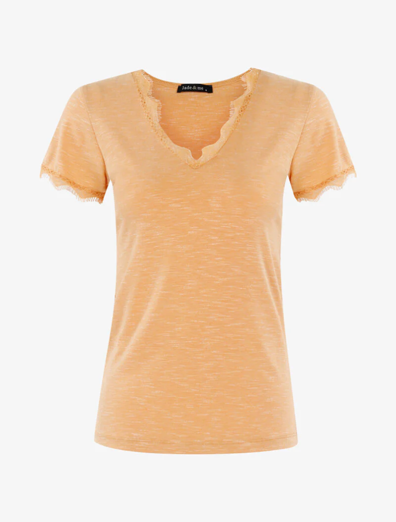Gemêleerd T-shirt met kanten rand - oranje