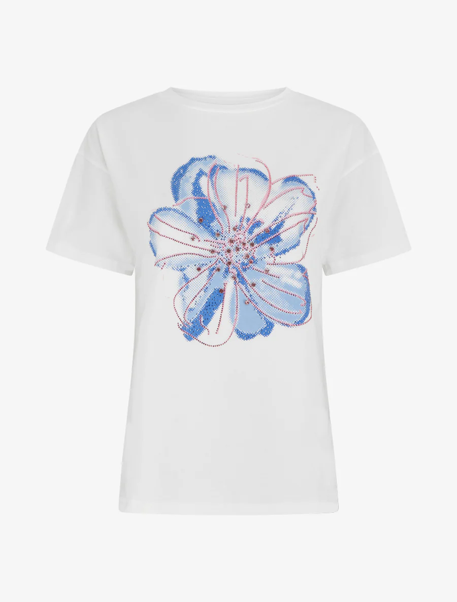 T-shirt met bloemenmotief en strass. - Wit