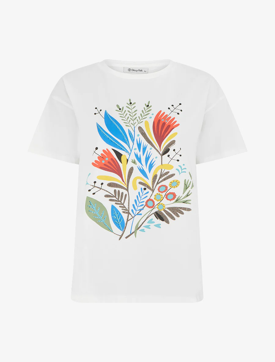 T-shirt met bloemenmotief en strasssteentjes - Wit