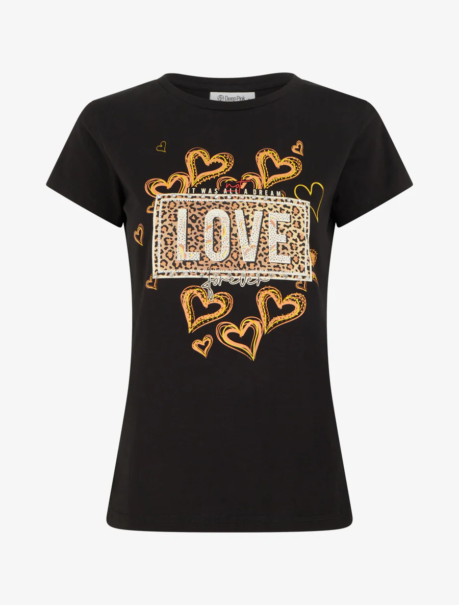 T-shirt met boodschap en met bloemenpatroon met strass-steentjes. - Zwart