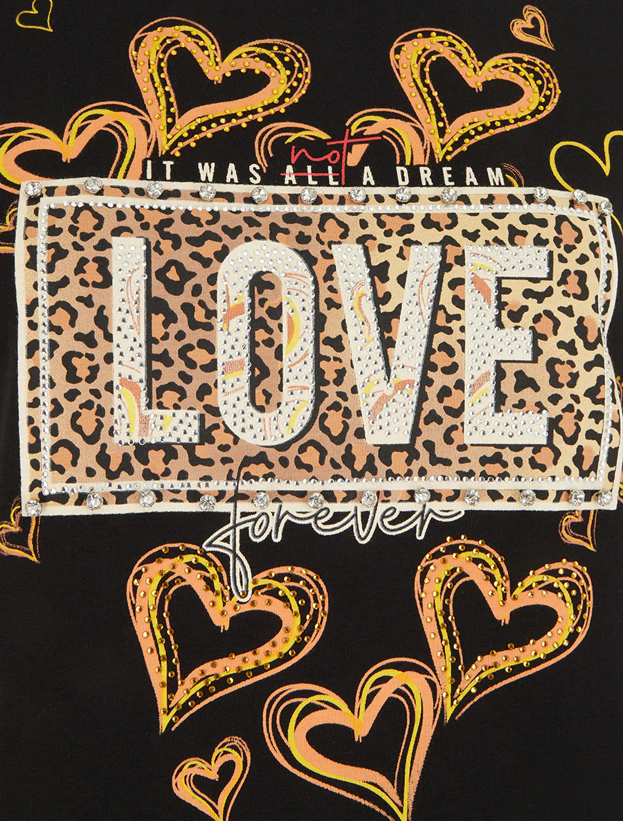 T-shirt met boodschap en met bloemenpatroon met strass-steentjes. - Zwart - Image 3