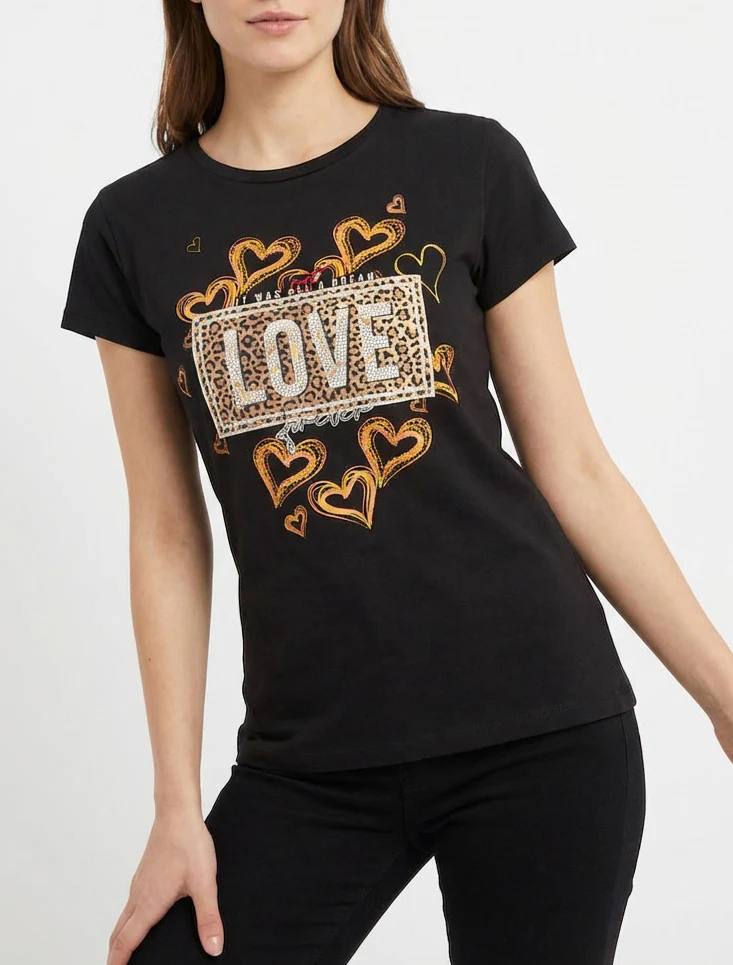 T-shirt met boodschap en met bloemenpatroon met strass-steentjes. - Zwart - Image 4