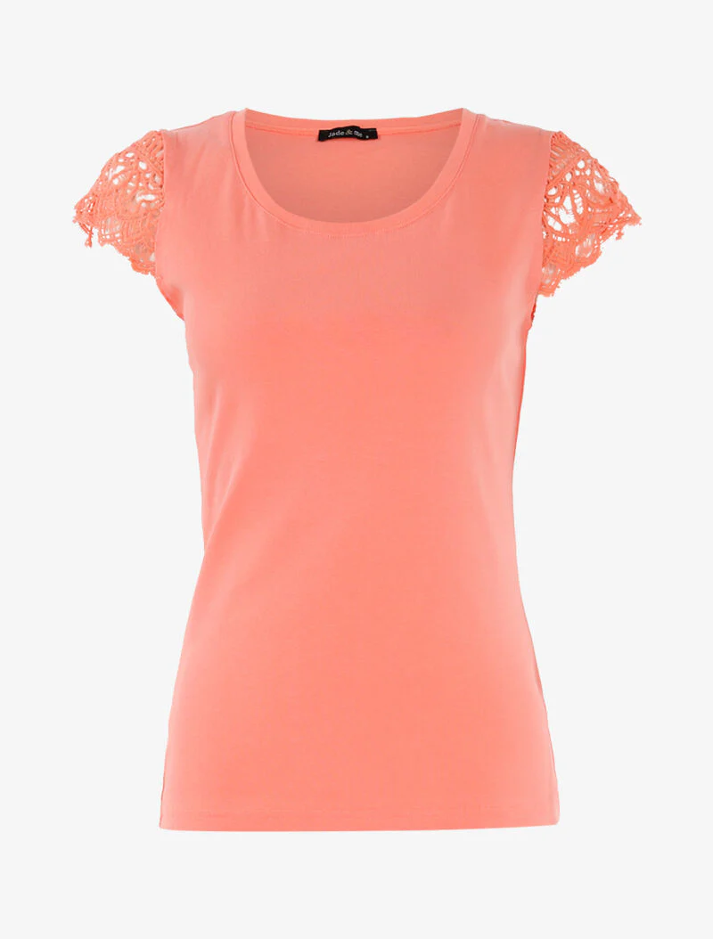 T-shirt met gehaakte mouwtjes - koraal