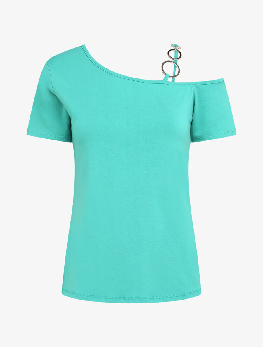 Ronde hals T-shirt met ringen - Turkoois
