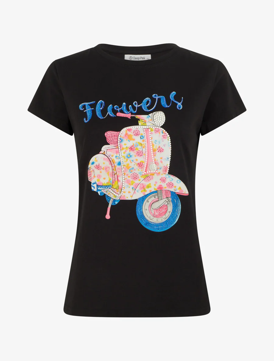 T-shirt met scooterpatroon met strass-steentjes - Zwart