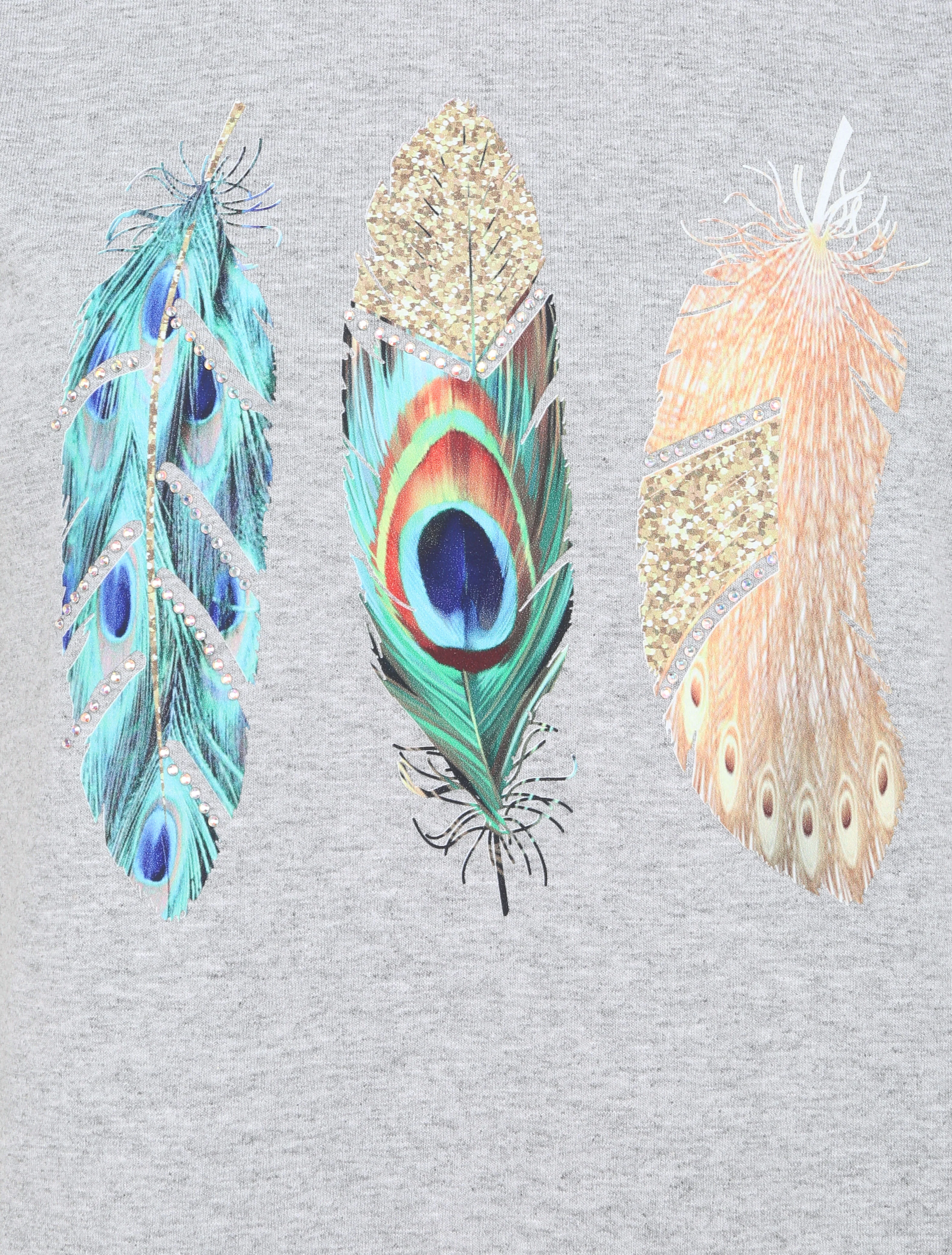 T-shirt met veren- en strassmotief - Grijs - Image 3