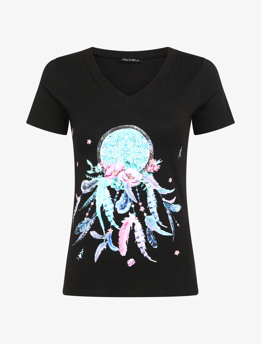 Slim fit T-shirt met dreamcatcher flockprint - Zwart