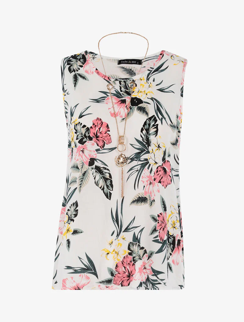 Top met bloemenprint en lange ketting - wit