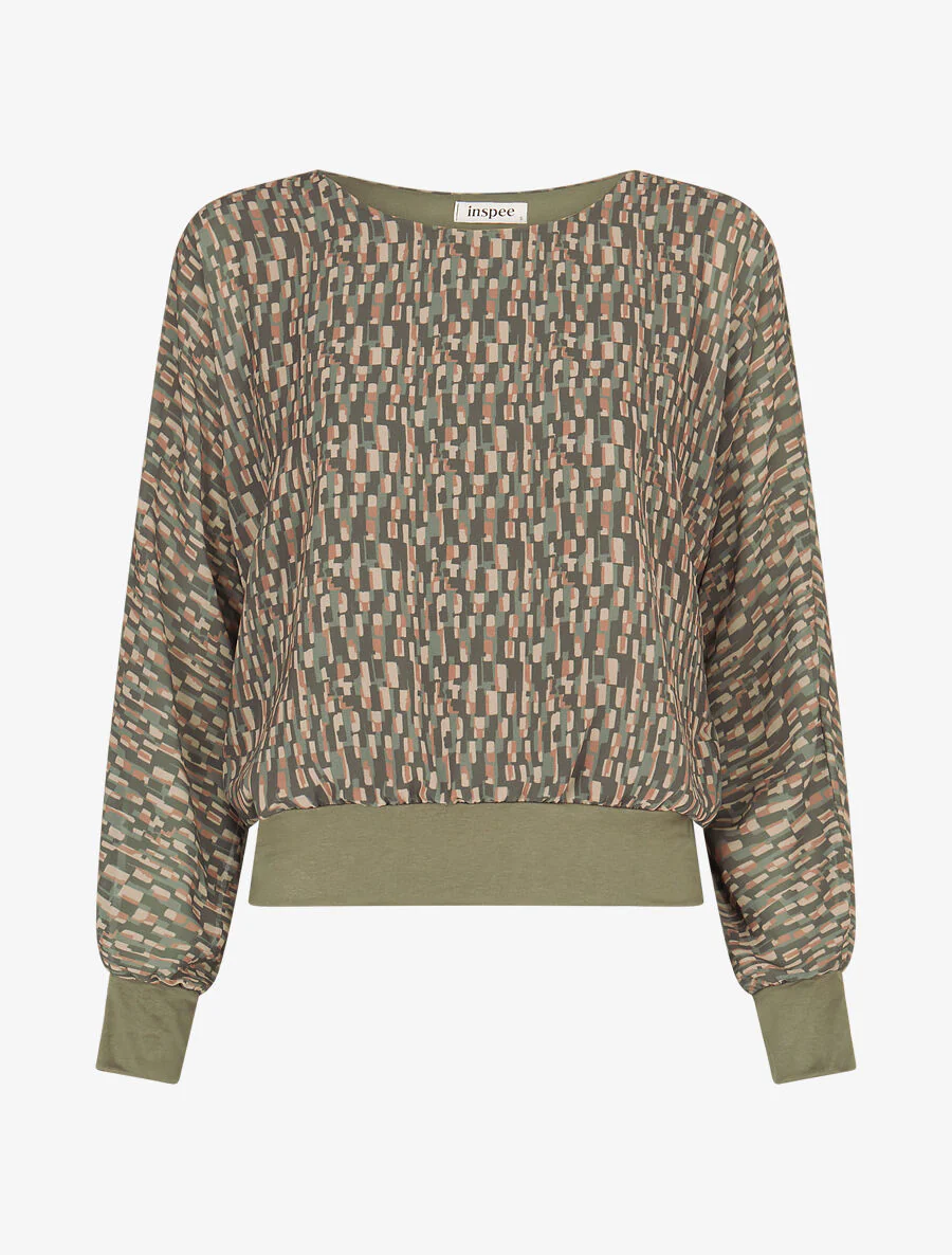 Top met geometrische print in voile - Kakigroen