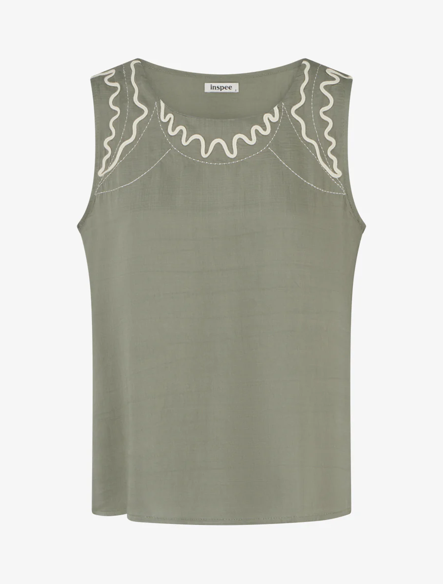 Top met golvende borduursels. - Kaki