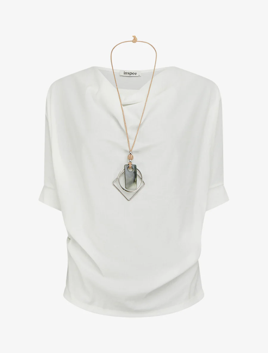 Top met korte mouwen en linnenlook met watervalhals. - Wit