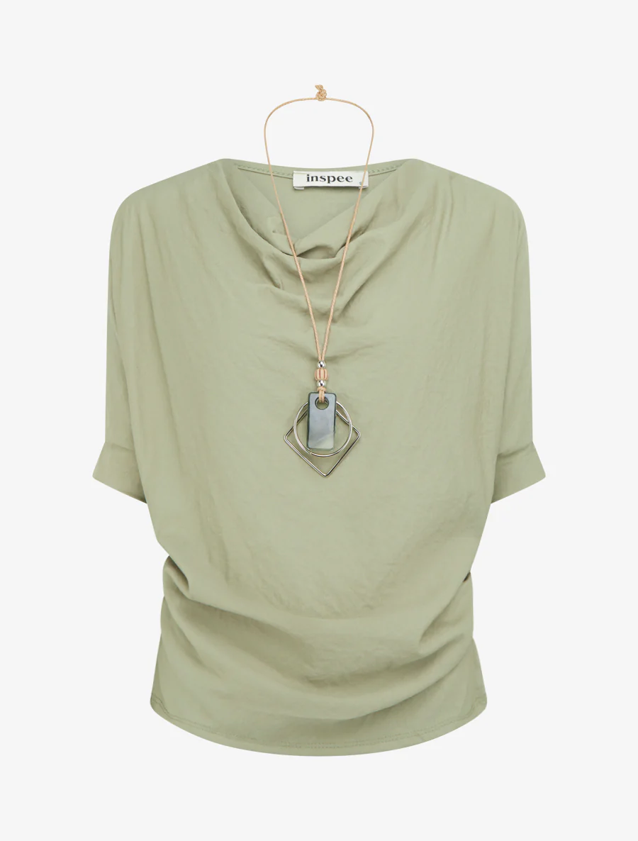 Top met korte mouwen en linnenlook met watervalhals. - Olijfgroen